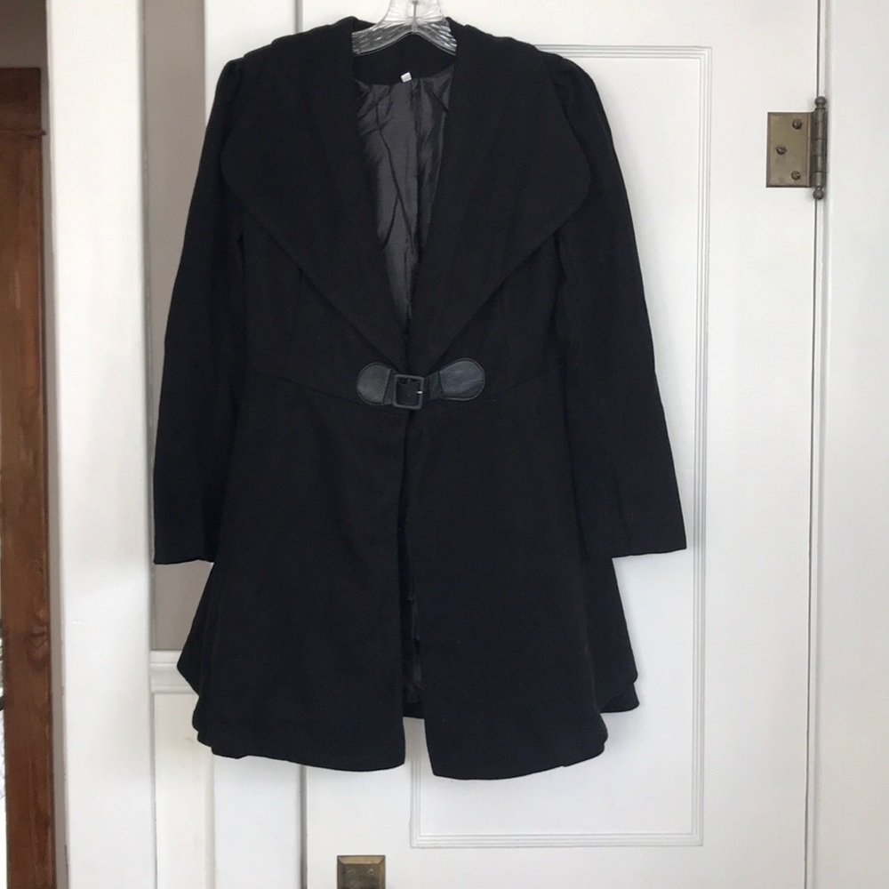 Black fitted jacket w/ flare hem and belt closure